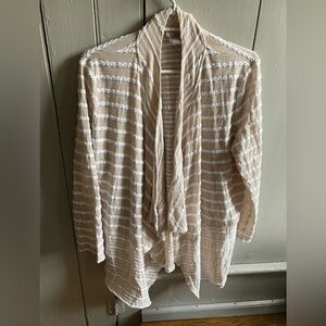 Chico's Cardigan Womens 2 Large Tan White Textured Striped Waterfall Front